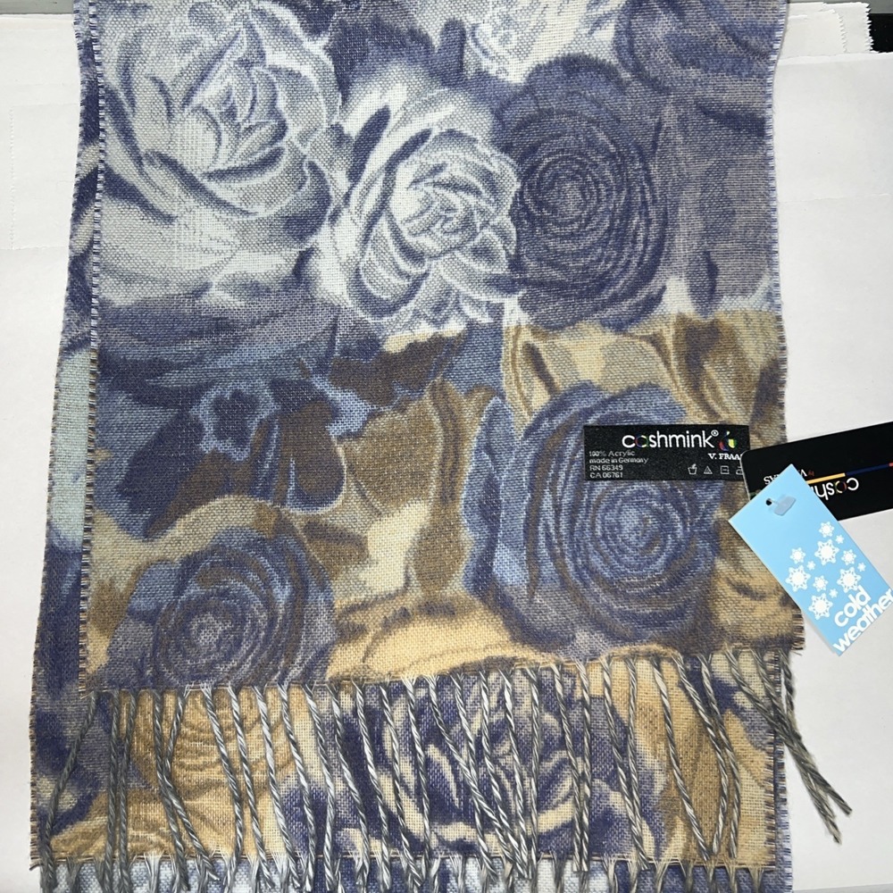 V. Fraas Cashmink Soft and Fuzzy Acrylic Blue Tan Rose Motif Scarf Fringed